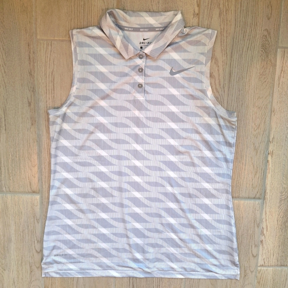 Nike DRI FIT Women's Sleeveless Golf Polo Shirt - White And Gray Striped - Large